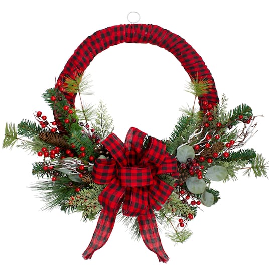 24&#x22; Red And Black Buffalo Plaid And Berry Artificial Wreath